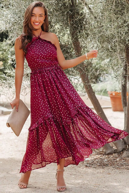 Robe longue à pois rouges – Élégance et charme rétro. ❤️✨