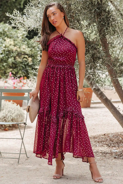 Robe longue à pois rouges – Élégance et charme rétro. ❤️✨